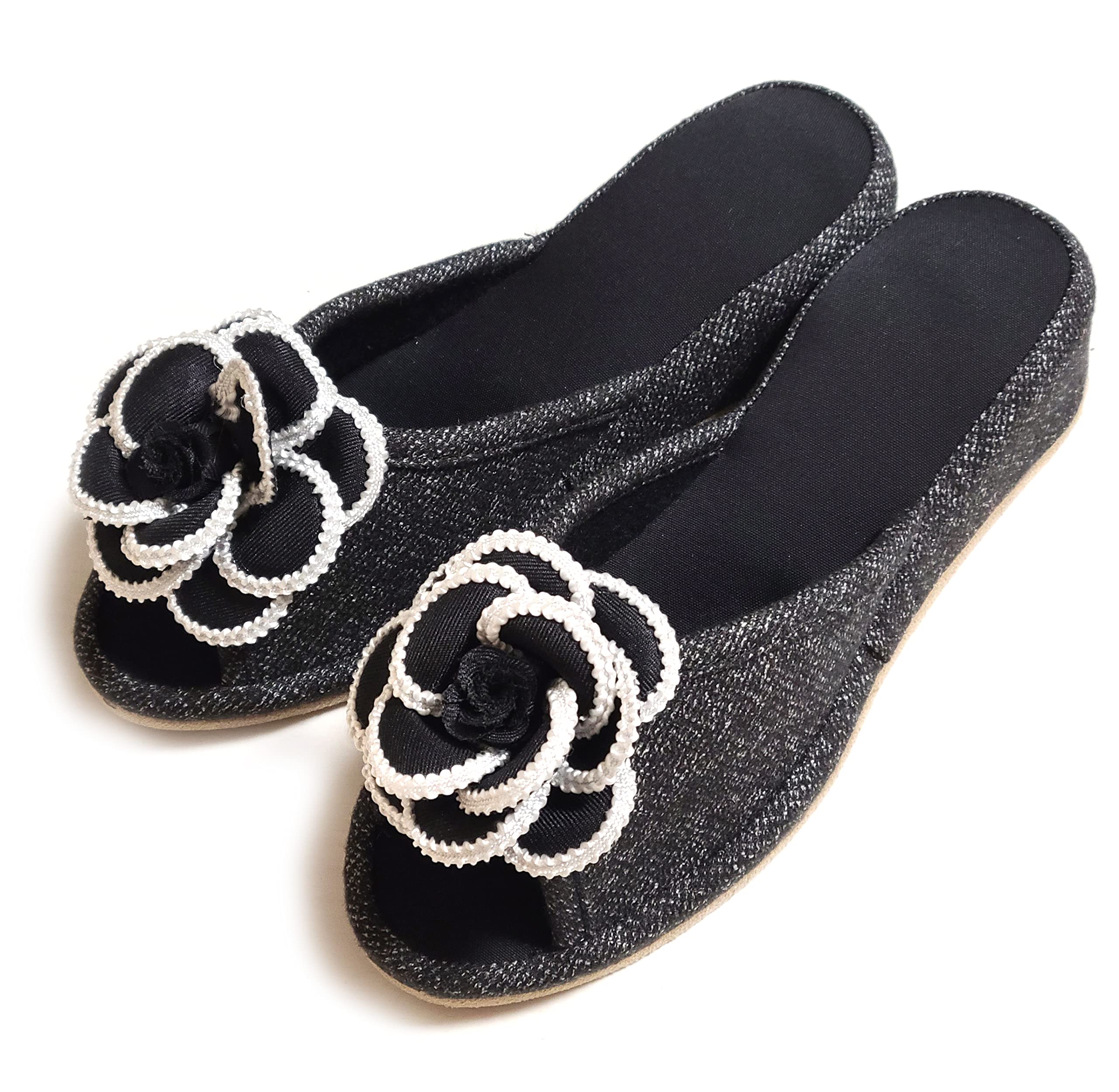 

Базовые стандартные тапочки на каблуке для красивых женщин Camellia Black Visiting, для дома, легкие, тихие, стильные, 4 см, ноги, СТИЛЬ, твид, цветок, (Для