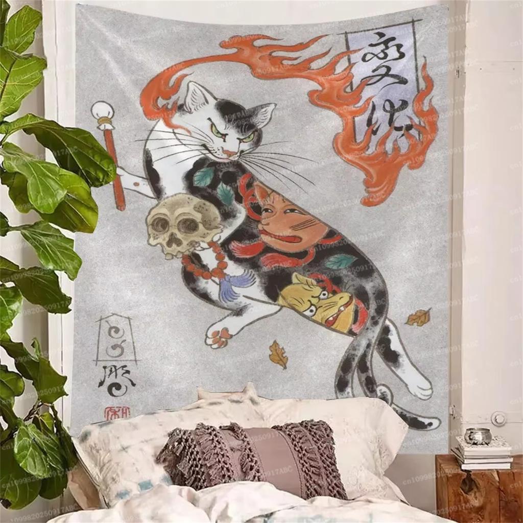 Room Decorations Japanese Samurai Tattoo Cat Anime Tapestry Wall Hanging Wall Art Cartoon Kawaii Bedroom Print Picture Living