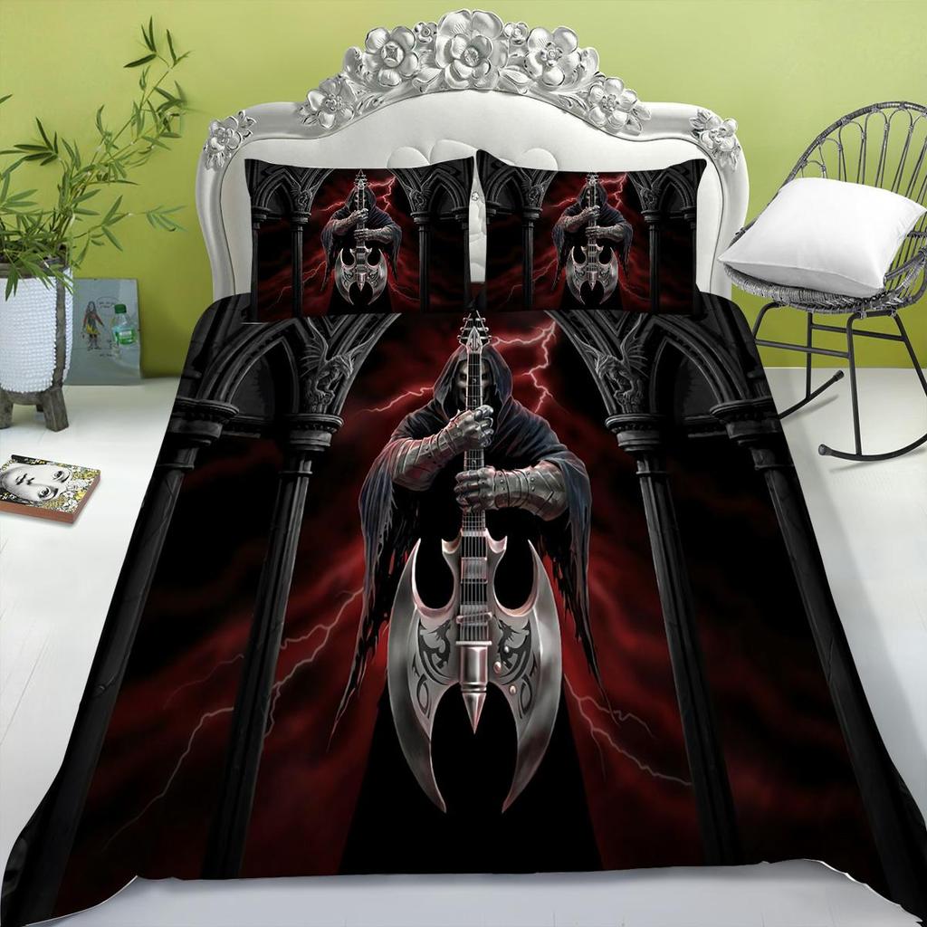 Bedding Set New Bed Cover 3D Skull Head Scary Print Family Bedroom Full Size Quilt Cover and Pillowcase Microfiber