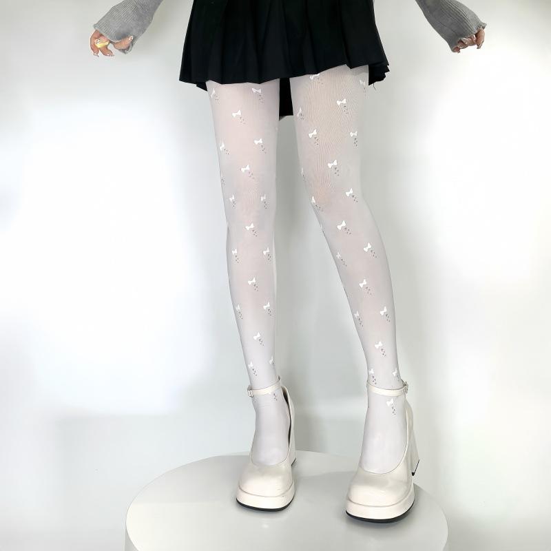 White Pure Desire Bow Dot Printed Leggings Lolita Ladies White Stockings Velvet Pantyhose One size fits all