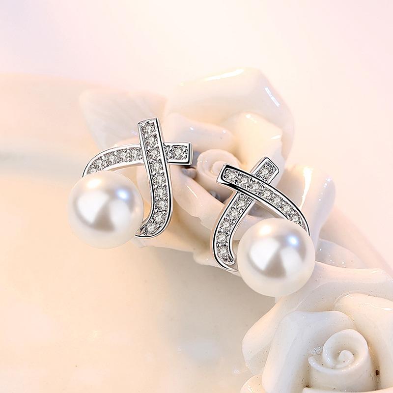 925 Sterling Silver X-Shaped Earrings With AAA Zircon And Pearls