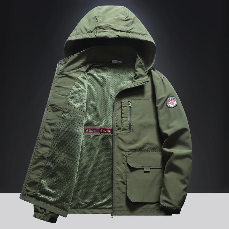 Spring and Autumn Hooded Jacket Men's Multi Pocket Outdoor Casual Jacket Windproof and Breathable Mountain Climbing Sports Casual Top
