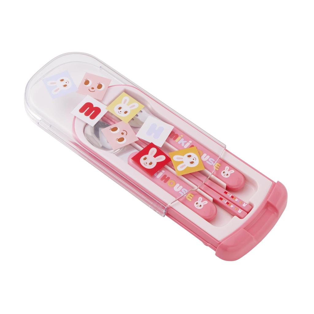 MIKIHOUSE Puzzle Blocks Trio Set Chopsticks Spoon Fork Bear Rabbit Pink Sliding Case BPA Free Dishwasher Safe Japan Kids Kindergarten Cutlery