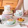 Hand Painted Relief Flower Bow Ceramic Coffee Cup Saucer Creative Hand Twist Handle Afternoon Tea Cup Saucer