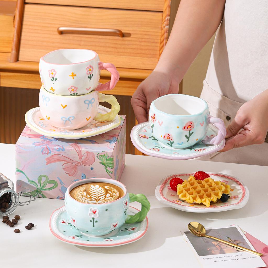 Hand Painted Relief Flower Bow Ceramic Coffee Cup Saucer Creative Hand Twist Handle Afternoon Tea Cup Saucer