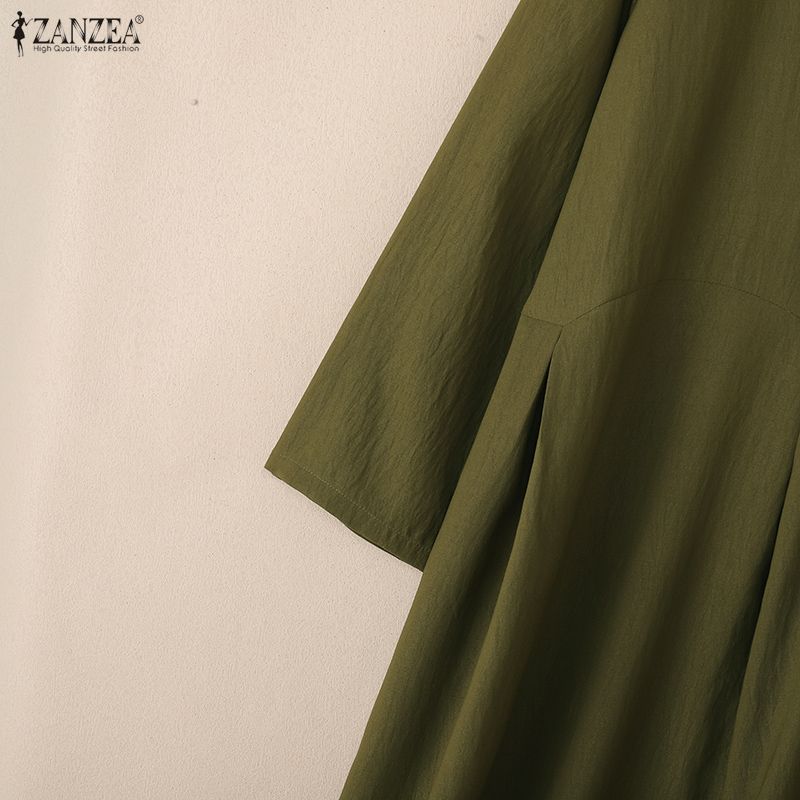 ZANZEA Damen Lässig Rundhals Achtelarm Locker Langes Kleid