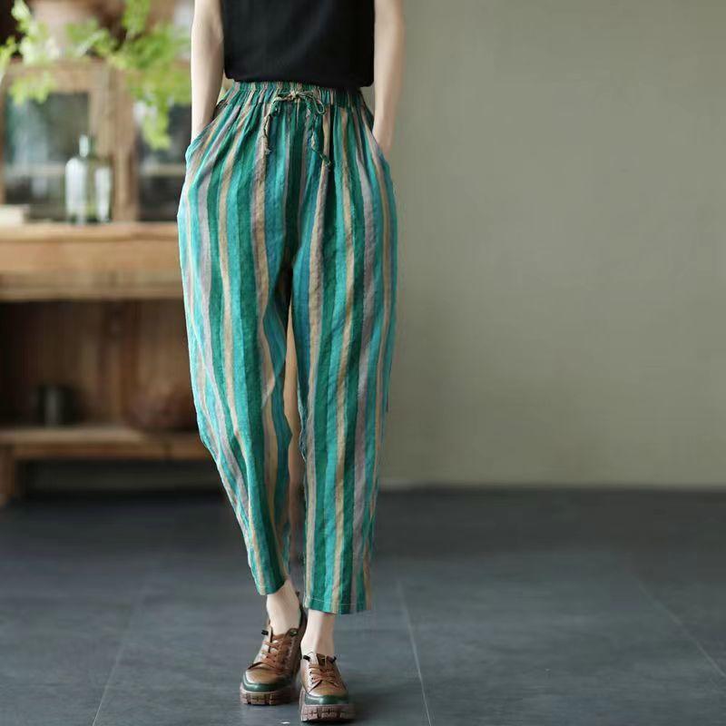 

Женские свободные повседневные полосатые брюки из тонкого хлопка и льна, летние винтажные брюки Харлан XXXXL