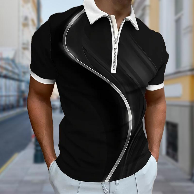 

Мужская рубашка поло повседневная на молнии с коротким рукавом модная повседневная на молнии лето весна стандартный крой 3D двухцветная рубашка с принтом L чёрный
