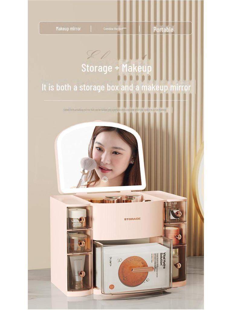 Beleuchtete 3-Farben Kosmetik-Aufbewahrungsbox mit Spiegel, Staubdichte Desktop-Schublade für Hautpflege