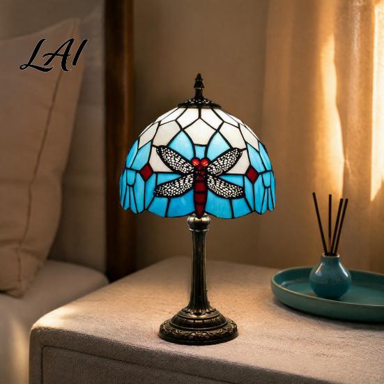 Stained Glass Table Lamp Tiffany Dragonfly Lamp Vintage Blue Bedside Night Light Artistic Home Decor Light Decorative Atmosphere for Bedroom Living