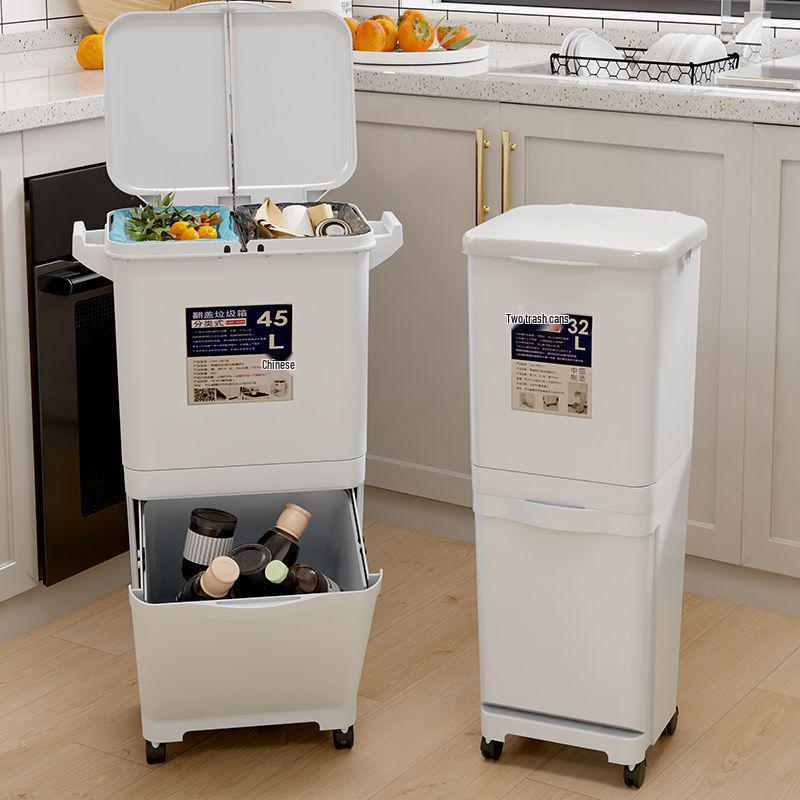 Large Capacity Double Layer Movable Kitchen Trash Bin with Dry/Wet Separation