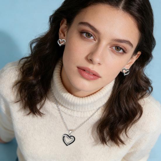 Überlappende Herzen Schmuckset Schwarz Weiß Strass Herzen Halskette Und Ohrringe Doppelherz Anhänger Schmuck für Partys Hochzeiten Feiern