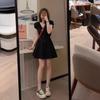 Pink slim V-neck bubble sleeve dress summer new design pleated Spice Girl French short skirt