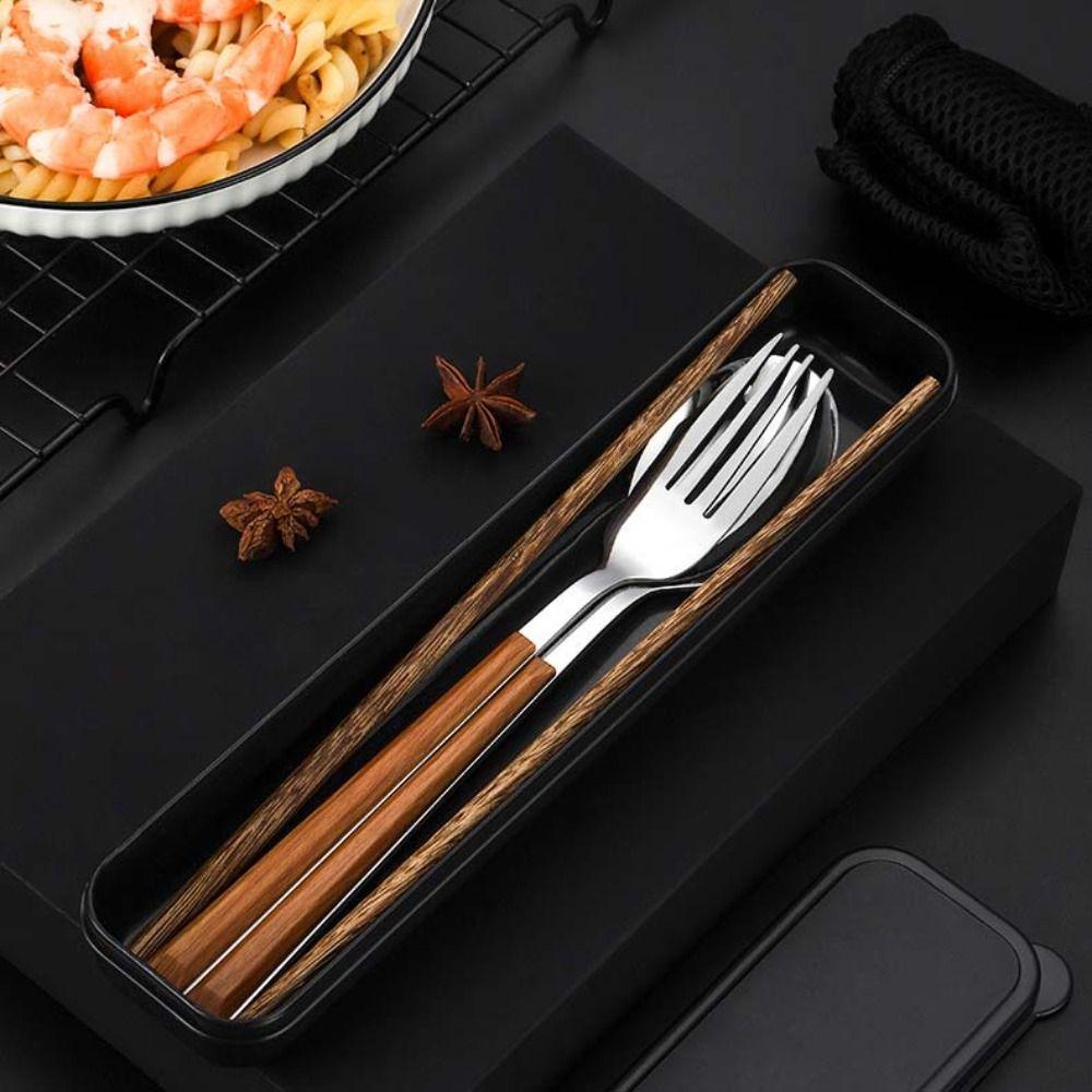 4PCS/Set Wooden Handle Portable Tableware Set with Box Fork Spoon and Chopsticks Set  Travel