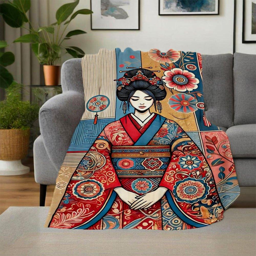 "Japanese Geisha Kimono with Floral Patterns"Blanket Flannel Throw Blanket for Sofa, Bed, Travel, Camping, Office, Couch, Chair, And Bed Gif