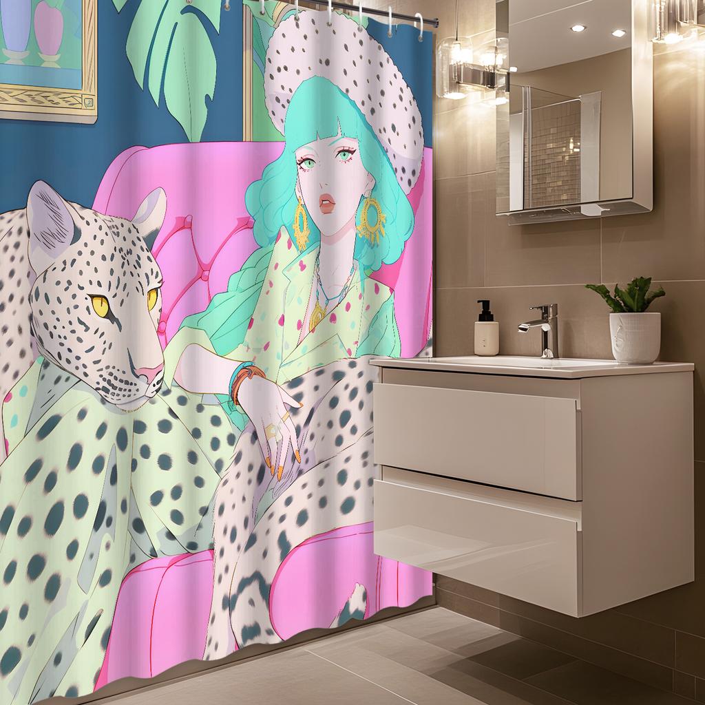 Stilvolle Frau mit Leoparden-Duschvorhang, wasserdicht, für moderne Badezimmerdekoration, 72x72 Zoll, langlebig und einzigartiges Design