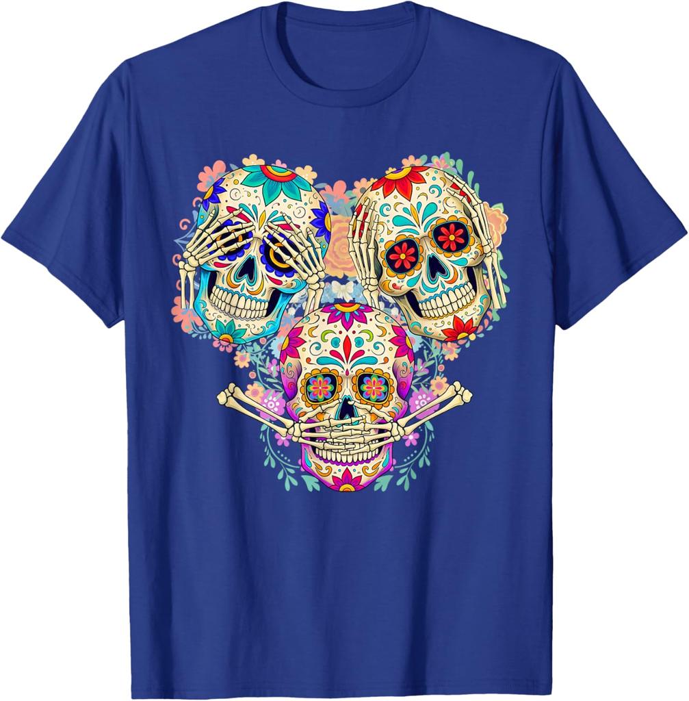 Sugar Skull Three Wise Monkeys Day of The Dead Graphic Tee Breathable Men Casual Trip T-Shirt
