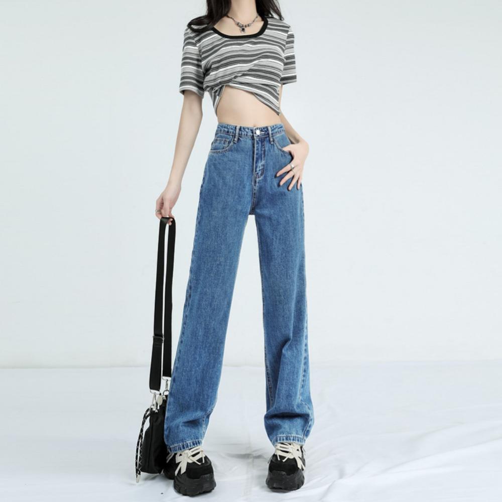 

Универсальные корейские джинсы свободного кроя с широкими штанинами для женского весенне-осеннего сезона, новые, с высокой талией и зауженные, маленькие прямые брюки до пола 2XL