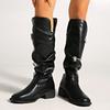 Fashion Fashion Metal Decor Knight Boots Women Autumn Black PU Leather Knee High Boots Woman Slip On Thick Heel Riding Botas Mujer 2025