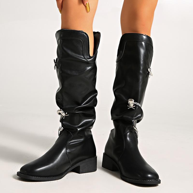 Fashion Fashion Metal Decor Knight Boots Women Autumn Black PU Leather Knee High Boots Woman Slip On Thick Heel Riding Botas Mujer 2025