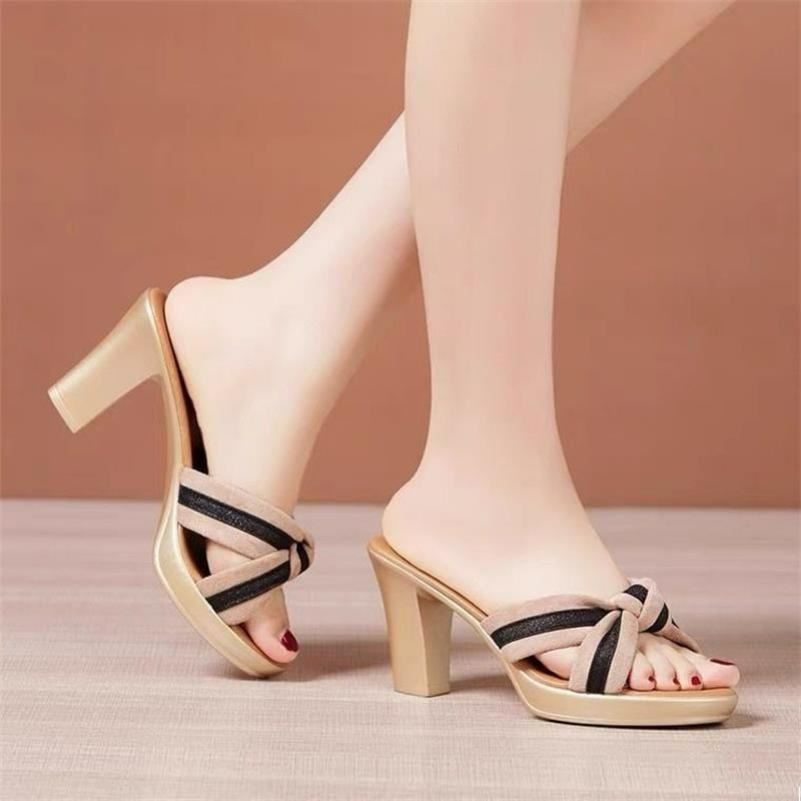 Thick-heeled Outer Wear Sandals and Slippers Women's Summer Waterproof Platform Fish Mouth One-word Sandals Fashion All-match Mid-heel Slippers