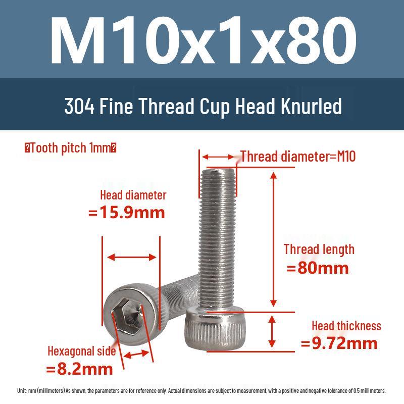 Yigu Fine Thread Knurled Socket Head Screws, 304 Stainless Steel, M3-M12