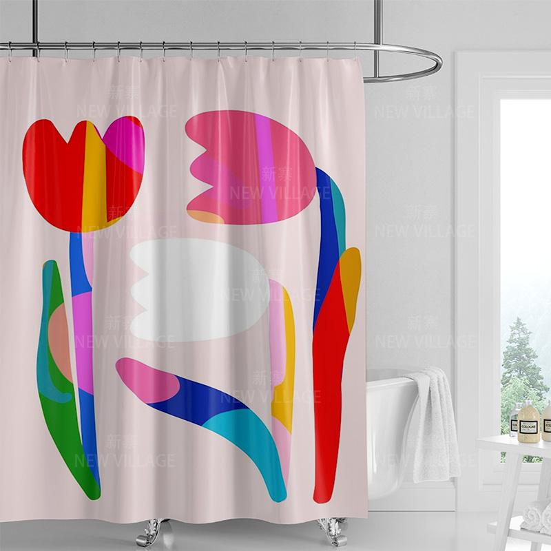 Whimsical Nature-Inspired Shower Curtain with Rainbow and Sunset Design for Relaxing Bathroom Decor