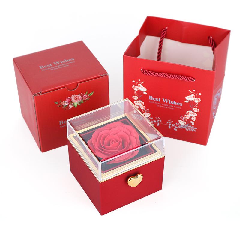 Luxury Rotating Acrylic Jewelry Box with Preserved Rose, Teddy Bear, and Birthday Cake Design