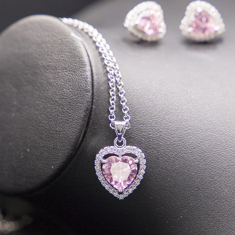 New Pink Heart Shaped Necklace Earrings Necklace and Ring Four Piece Set Heart Shaped Zircon Jewelry Set