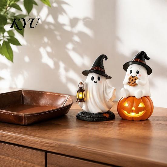 Whimsical Halloween Figurine Lighted Ghost Figurine, Spooky Resin Witch on Pumpkin/Holding Lantern Home Office Table Ornament Statue with LED