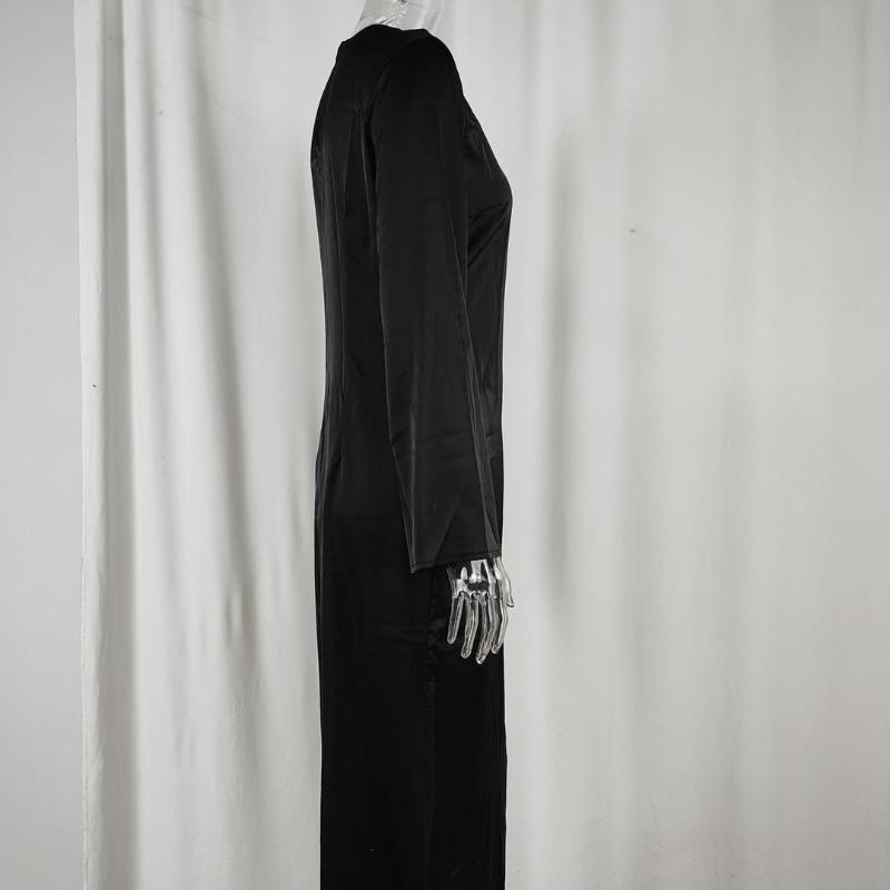 Evropské a americké podzimní dámské elegantní jednobarevné šaty slim fit s kulatým výstřihem a dlouhým rukávem s temperamentem