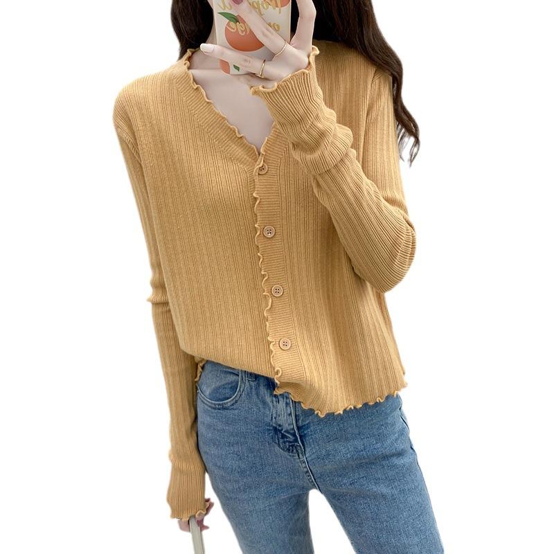 New Lazy Wind Long Sleeve Knitted Sweater Top Thin Cardigan Sweater Women's Fungus Edge Jacket