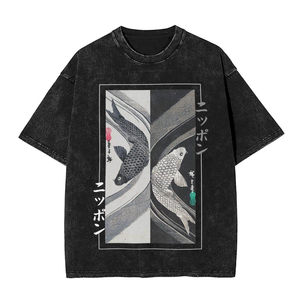 Koi Karpfen Fisch Japanische T-Shirts Gewaschen Kurzarm Harajuku T-Shirts Vintage Herren Damen Streetwear Bedrucktes T-Shirt