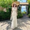 Korean Pleated Waist Swing Neck Mesh Suspender Hip Dress Women's Summer Pure Desire Sexy Slim Dress