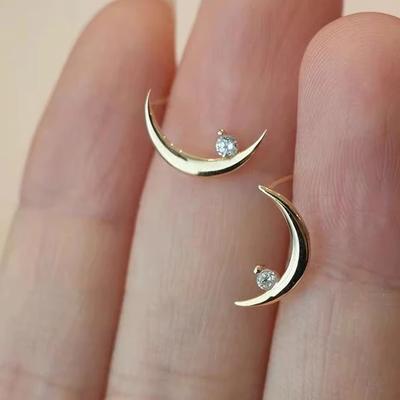 Real  Sterling Silver Geometric Moon Zircon Stud Earrings for Women Personality Fine  Minimalist Trendy Accessories