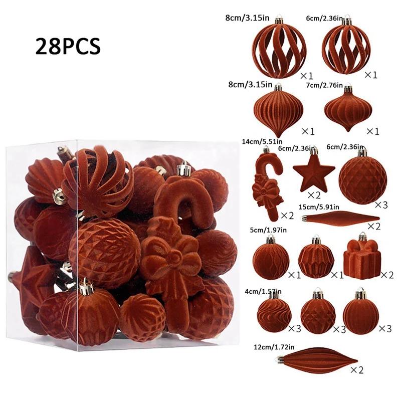 28pcs/set Christmas Flocked Shaped Christmas Ball Set New Year Party Decoration Christmas Balls Gift Box