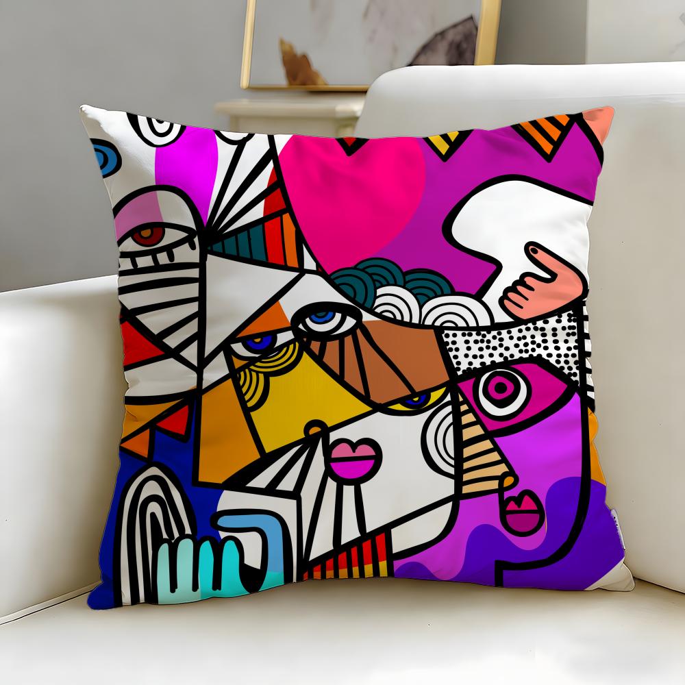 art theme Colorful Abstract Faces Cushion Cover Soft  EasyWash Pillow Case  Versatile for Couch Bed Travel and Office