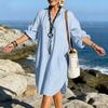 Women Summer Boho Cotton Linen Dress Casual Beach Vacation Sundress Long Sleeve V Neck Loose Dress