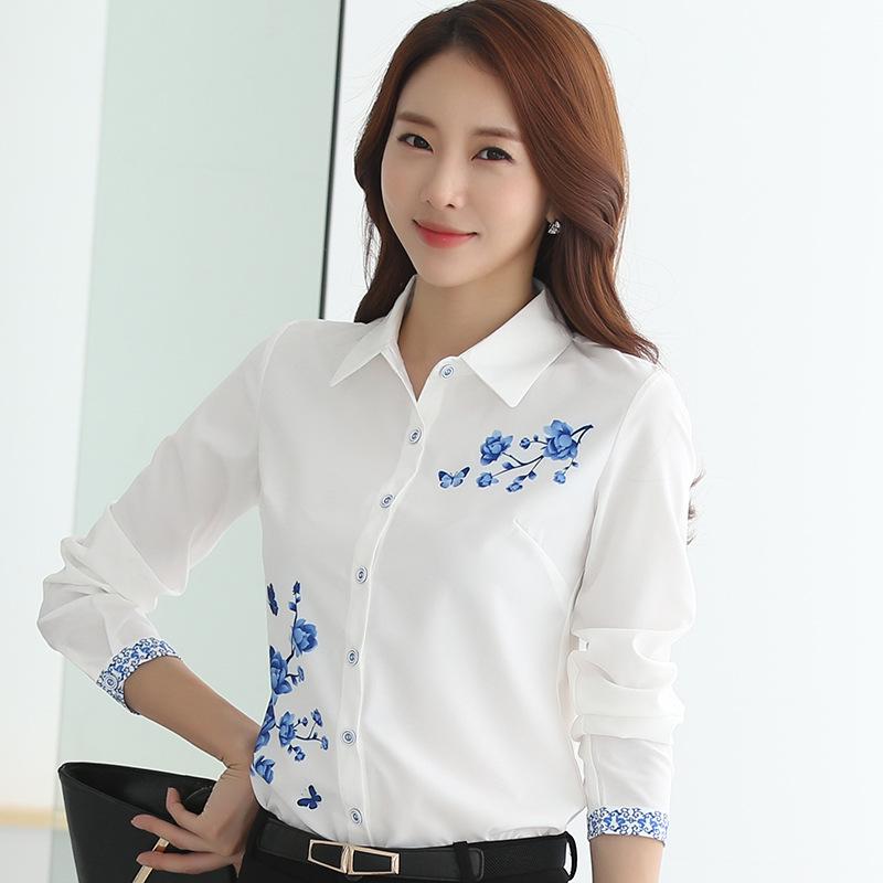 2025 Women's Fashion Long-Sleeve Chiffon Shirt - Spring & Autumn Collection, Printed Design, White