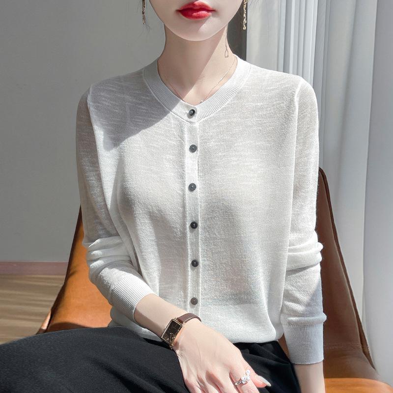 Hanf-Sonnenpullover mit Bambusmuster für Damen Neues dünnes langärmeliges Oberteil für den Sommer Lockere Strickjacke