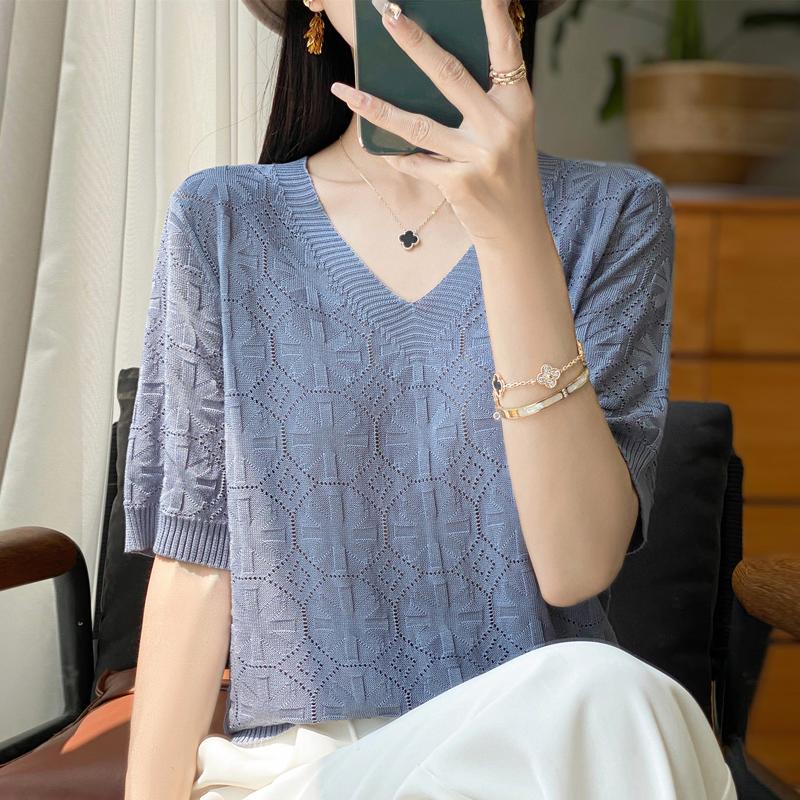 Women Knit T-shirt Summer Knitted Shirt Short Sleeve Tees V-neck Pullover Knit Tops Female