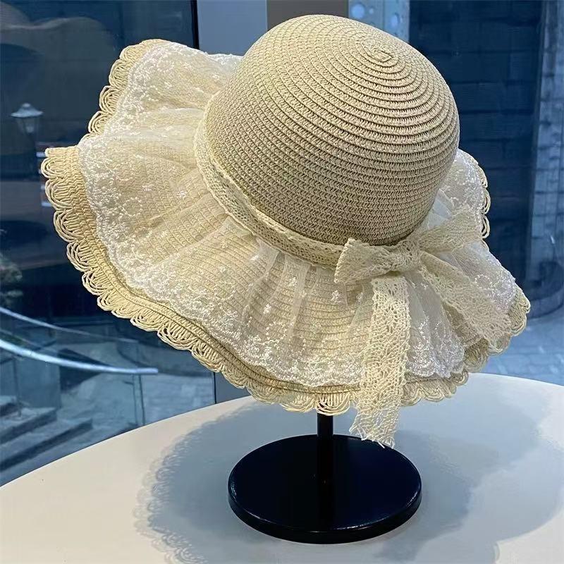 Summer Woven Straw Hat With Wide Brim And Lace Bow Decoration For Wear Daily