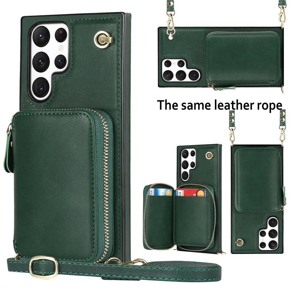 

Leather Crossbody Wallet Cards Phone Case For Samsung Galaxy S25 S24 S23 Ultra S22 S21 S20 Note 20 S24FE Lanyard Zipper Cover For Galaxy Note 10 зелений