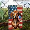 2D Flat Patriotic Dachshund Metal Sign, 4th of July Dog Holding American Flag, 8×12 Inch Aluminum Wall Art, Rustic USA Flag Background Design