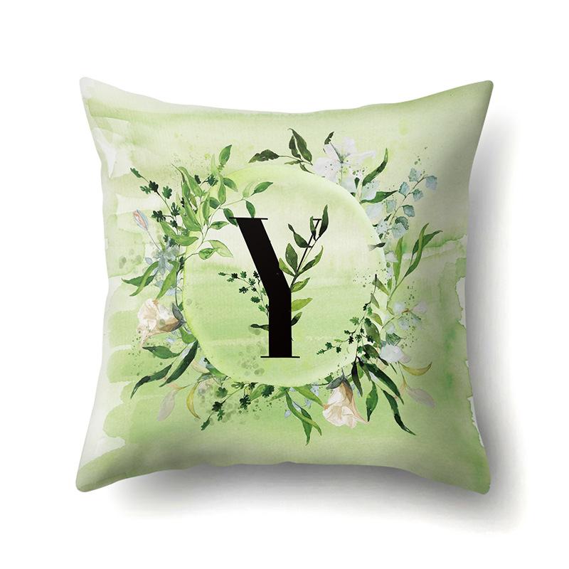 Polyester Pillowcase Car Decoration Small Fresh Green Leaves 26 English Letter Printing Pillow Cushion Cover