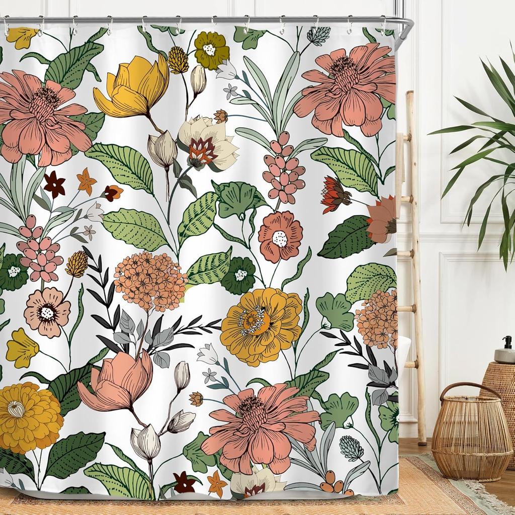 Colorful Flower Blossom Vintage Shower Curtain Set 60Wx71H Inches Art Oil Painting Retro Botanical Polyester Waterproof