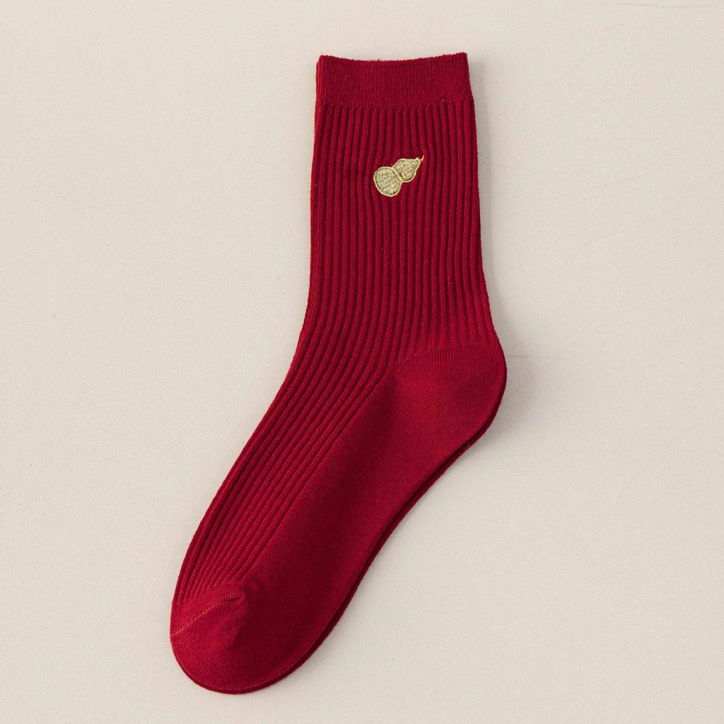 Big Red Socks New Year'S Red Socks Medium Tube Sweat-Absorbing Cotton Socks Embroidered Versatile Year Of The Horse Double Needle Stacking Socks