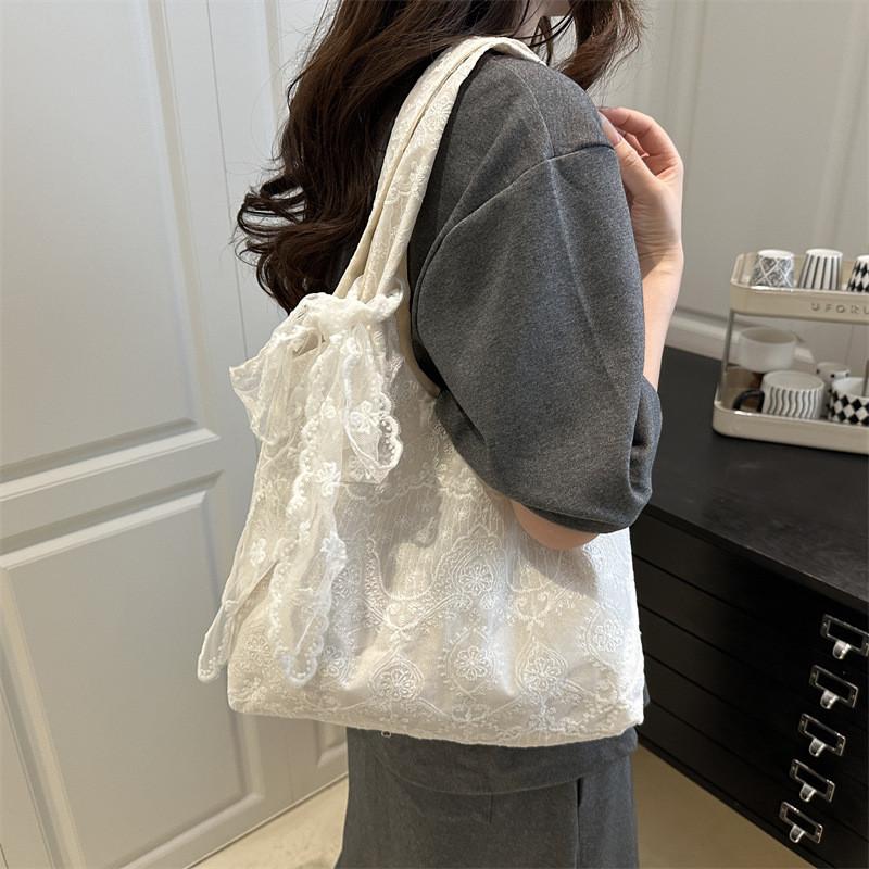 Style Lace Sweet Blossom Canvas Tote Bag Large Capacity For Outings Daily