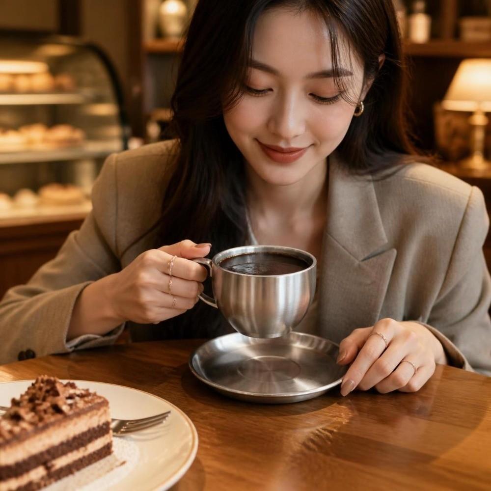Heat Resistant Coffee Mug Stainless Steel Tea Mug Luxury Cup Saucer Set  Household Coffee