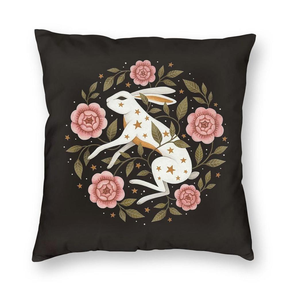 Federa Quadrata Cuscino con Coniglio Intrecciato tra Fiori di Bellezza Poliestere Lino Velluto Fantasia Zip Decorativa Federa Cuscino Copertura Cuscino Divano